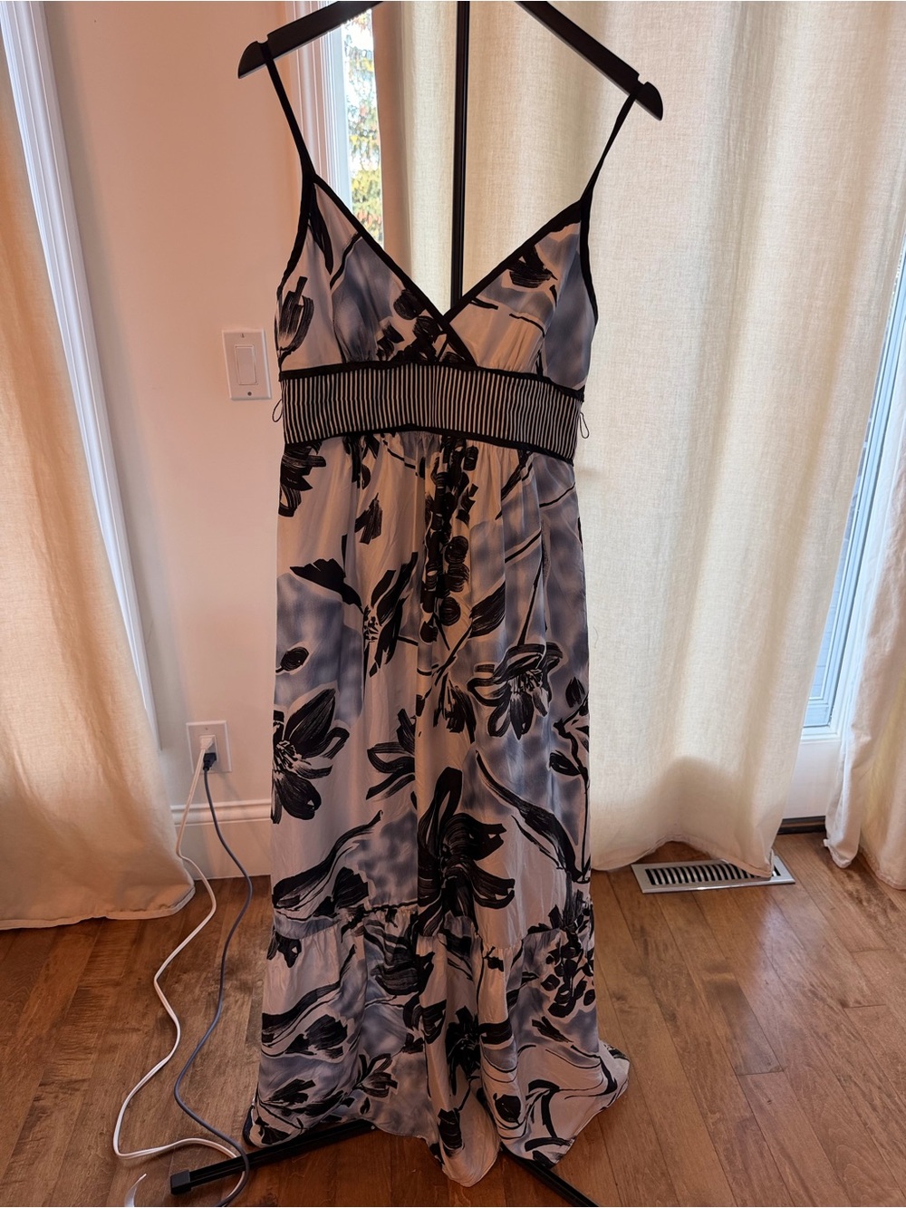 BCBGMaxAzria Navy , Blue, and White Floral V-Neck Maxi Dress